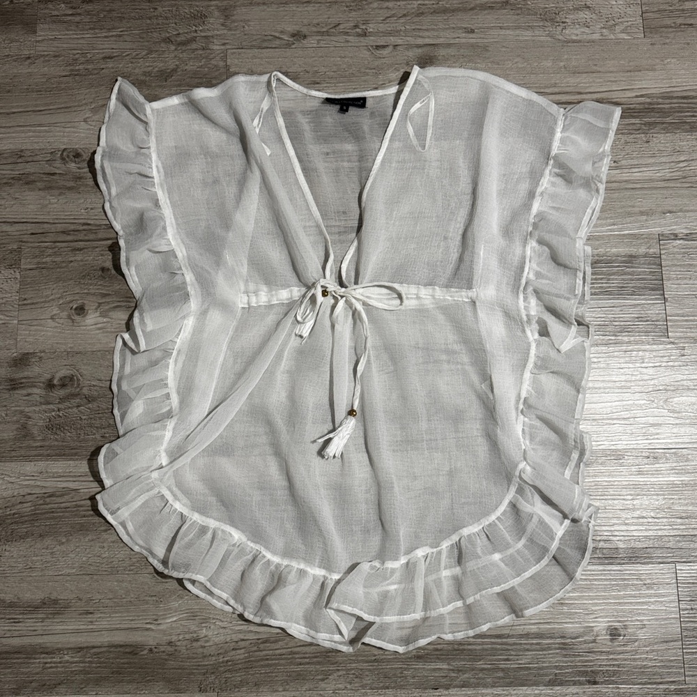 Sheer Ruffle Tie-Front Swim Coverup - White